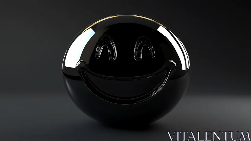Glossy black smiley sphere on dark studio background.