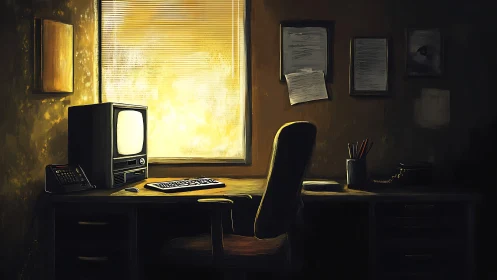 Retro office desk glows under harsh window backlight at dusk