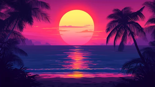Neon tropical sunset seascape in stylized digital painting.