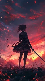 Lone swordswoman confronts a burning crimson battlefield sky