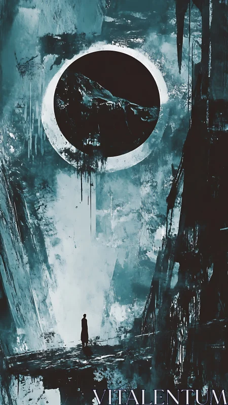 Solitary wanderer gazes up at a looming cosmic eclipse