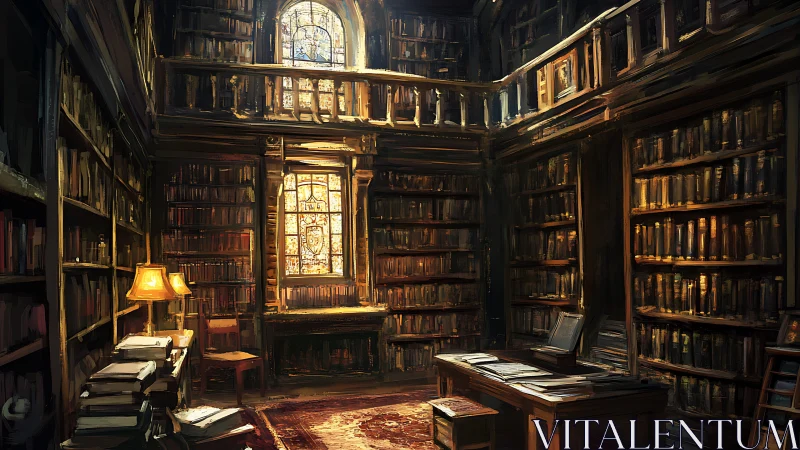 Golden-lit antiquarian library with towering book walls.
