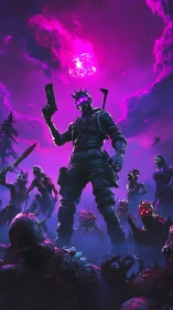 Neon void warrior commands horde under fractured sky.