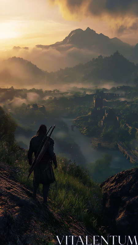 Lone warrior overlooks misty valley at sunrise from cliff