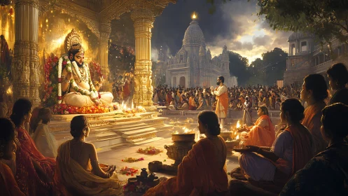 Temple courtyard ritual with deity statue and gathered crowd.