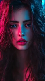 Neon lit digital portrait of woman with glossy lips.