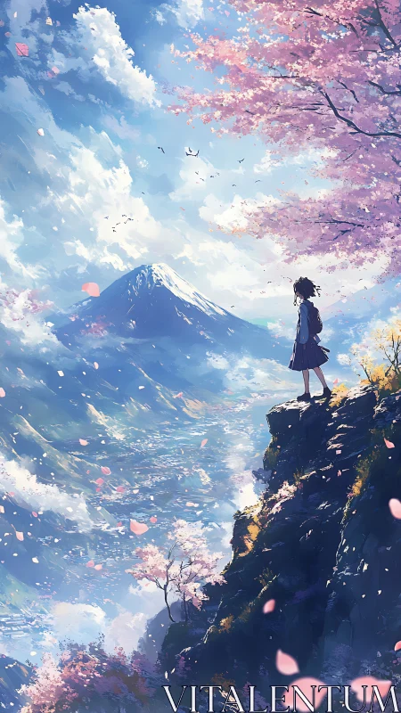 High-angle anime vista frames lone figure above spring valley