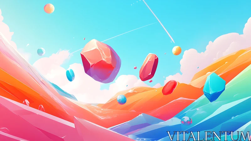 Chromatic low-poly crystal aerodynamics in stylized canyon sky.