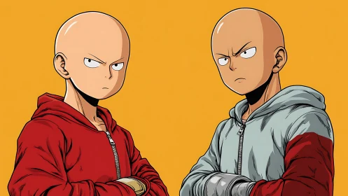 Bald anime characters in hoodies on flat orange backdrop.