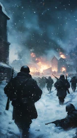 Winter march through firelit snow in a distant battlefield.