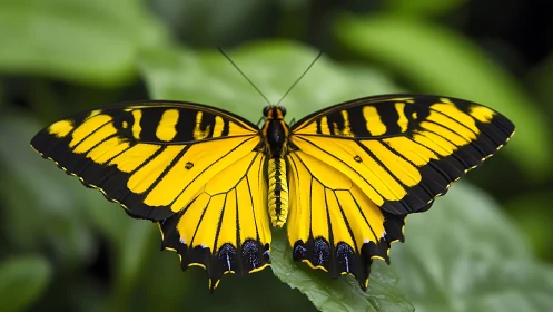 Yellow black tropical butterfly rests on fresh green leaf