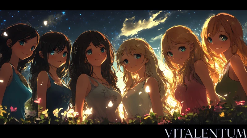 Anime sunset portrait of six girls with luminous rim light.