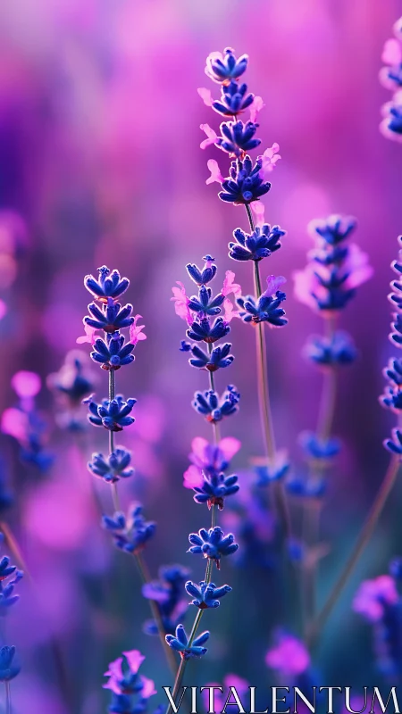 Lavender stems glow against soft violet bokeh background.