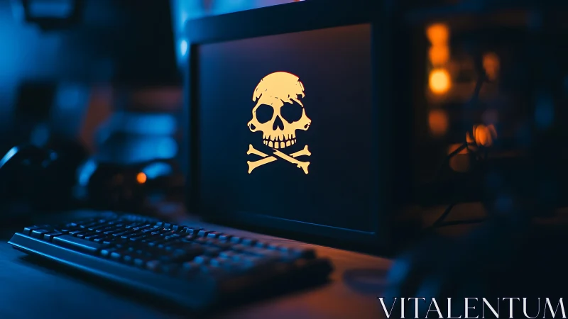 Computer monitor displays skull icon in dim workspace