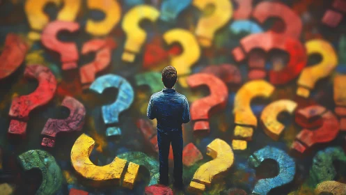 Colorful questions swirl around a thoughtful wanderer.