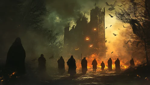 Hooded figures advance toward burning jack o&rsquo;lantern citadel