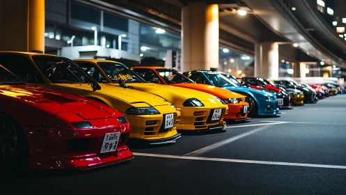 Modified Japanese sports cars line brightly lit urban lot