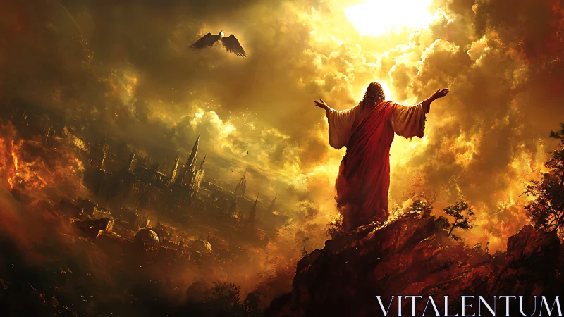 Messianic figure overlooks burning city under apocalyptic sky