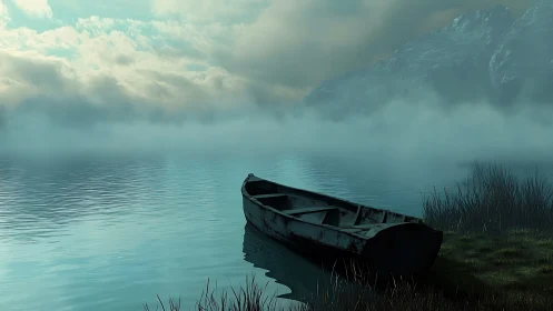 Rowboat on misty lake near reeds and distant rocky shore.