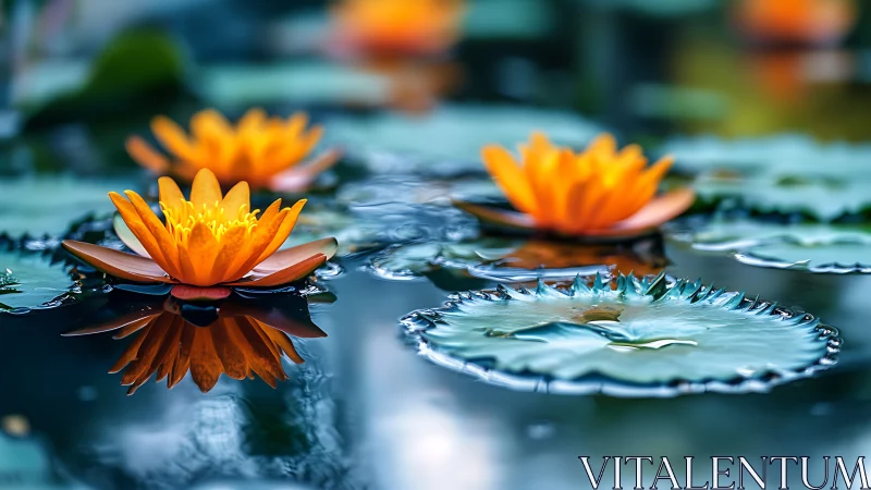 Orange Water Lilies Floating in Still Pond with Reflections