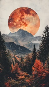 Surreal autumn mountainscape with oversized lunar eclipse form.