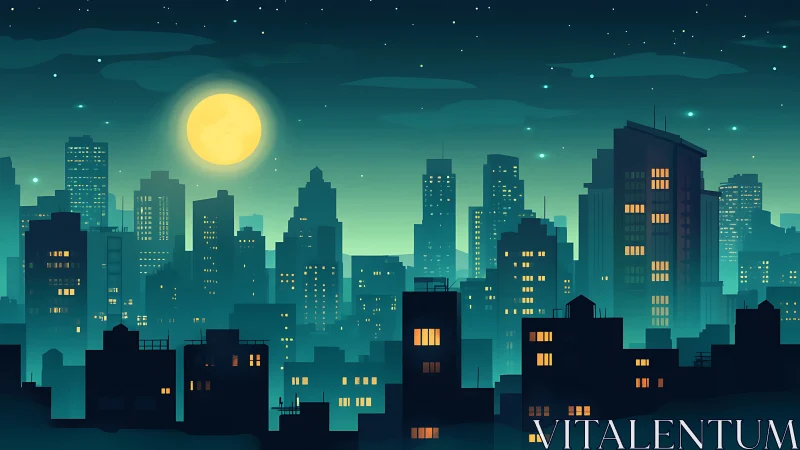 Moonlit city skyline glows softly against a teal night sky.