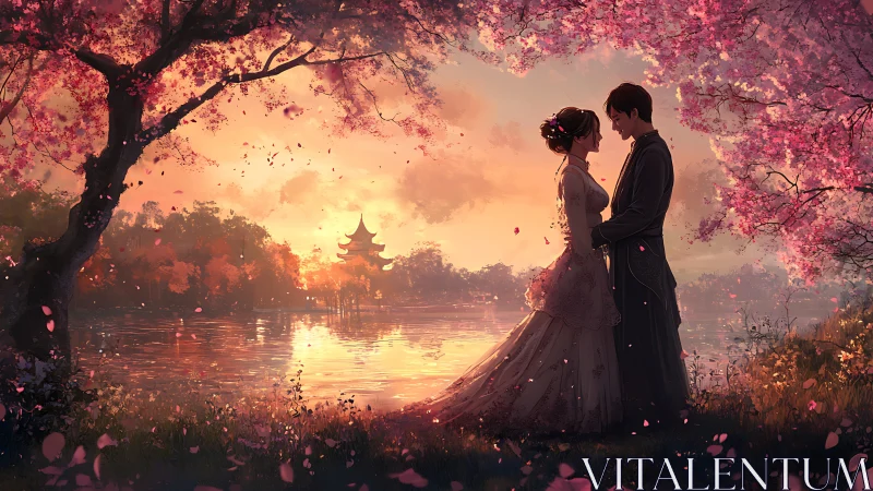 Twilight vows beneath drifting cherry blossom confetti.