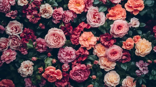 Full frame rose garden in pink, coral, and burgundy tones.