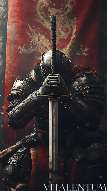 Battle-scarred knight kneels in solemn vigil before banner