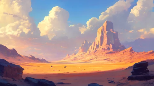 Sunlit desert buttes under towering pastel clouds.