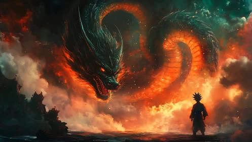 Infernal sky-serpent coils above lone anime warrior.