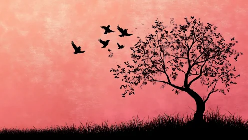 Silhouetted birds departing lone tree at soft pink dusk.