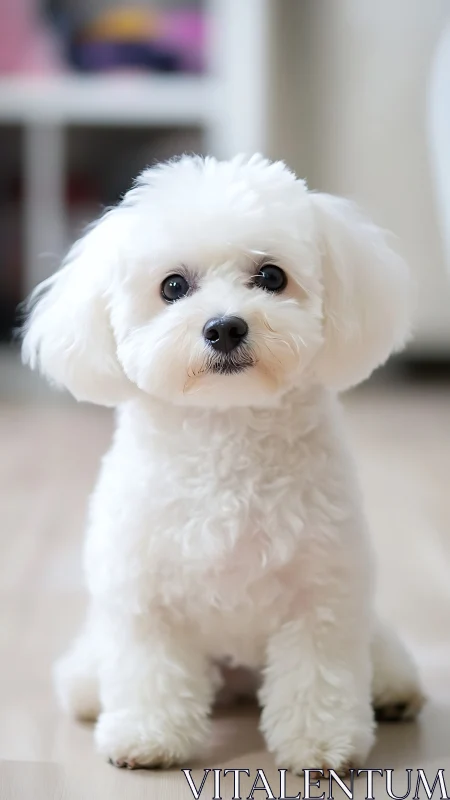 White toy dog sits on pale floor, soft studio light.
