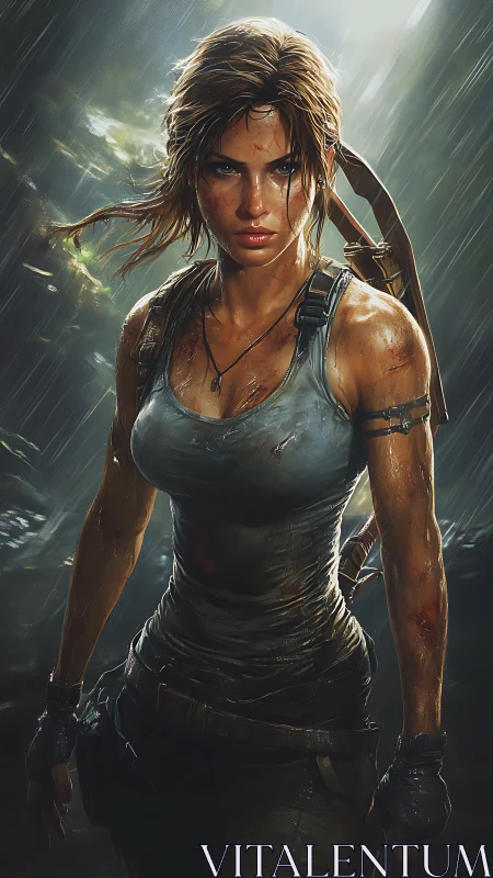 Storm-soaked jungle adventurer strides forward with fierce resolve