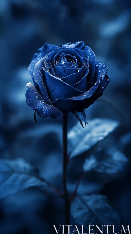 Cerulean rose with crystalline moisture deposits in blue-dominant photographic context.