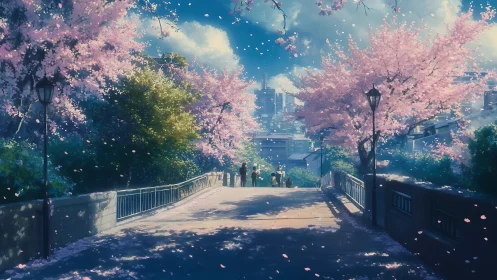 Cherry blossoms frame a sunlit bridge above a distant city.