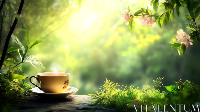 Yellow teacup on saucer in soft green garden light.