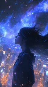 Star-breathed dreamer over neon city winds, listening skyward.