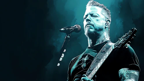 Stormlit guitarist crowns the mic in teal neon hush.