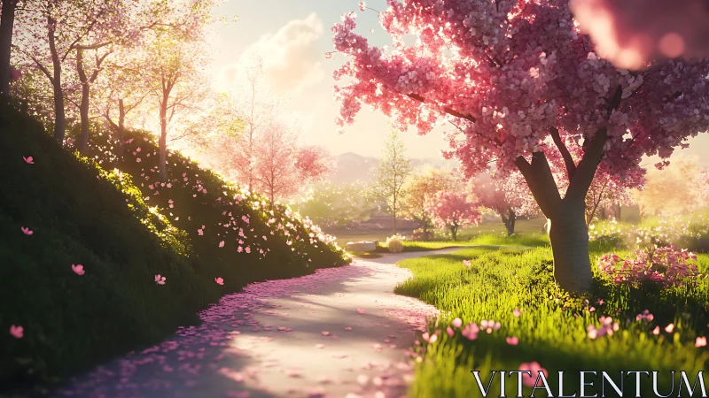 Sunlit cherry blossom path curves through a dreamy spring grove.