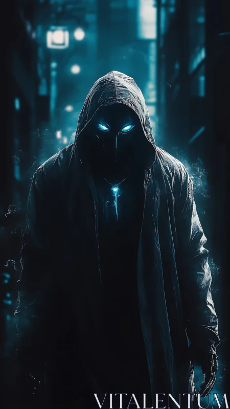 Hooded masked figure with glowing blue eyes in dark alley.
