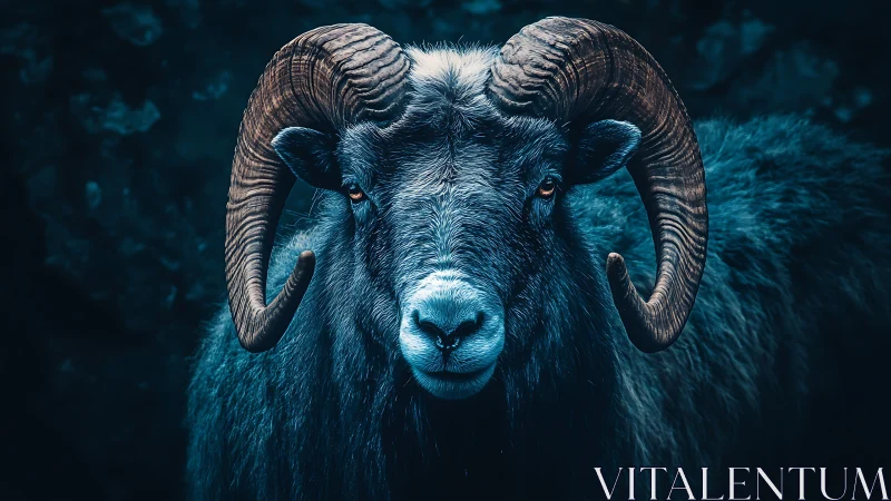 Ram portrait under cool teal light with curved horns