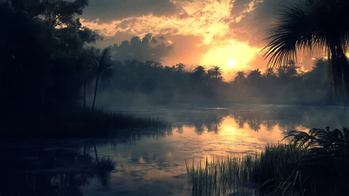 Sunset over calm tropical river with silhouetted palms.