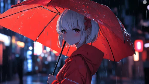 Scarlet umbrella girl wandering through neon rainlit night.
