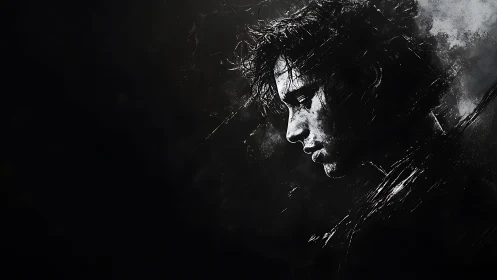 Brooding monochrome portrait dwells in fractured darkness