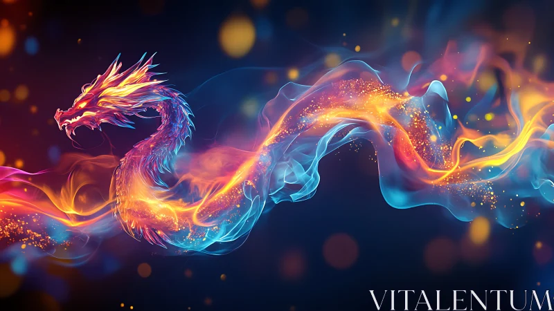 Luminous fire dragon coils through swirling neon smoke.