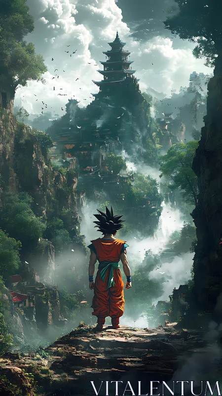 Warrior overlooking misty pagoda valley in epic fantasy scene.