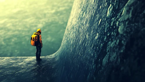 Lone traveler pauses at the edge of a vast surreal abyss