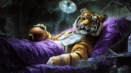 Tiger lies in medical bed holding basketball in dim clinic