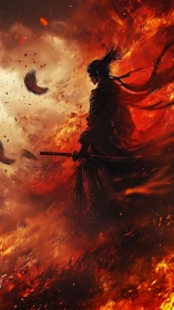 Lone samurai stands unshaken amid swirling inferno blaze.